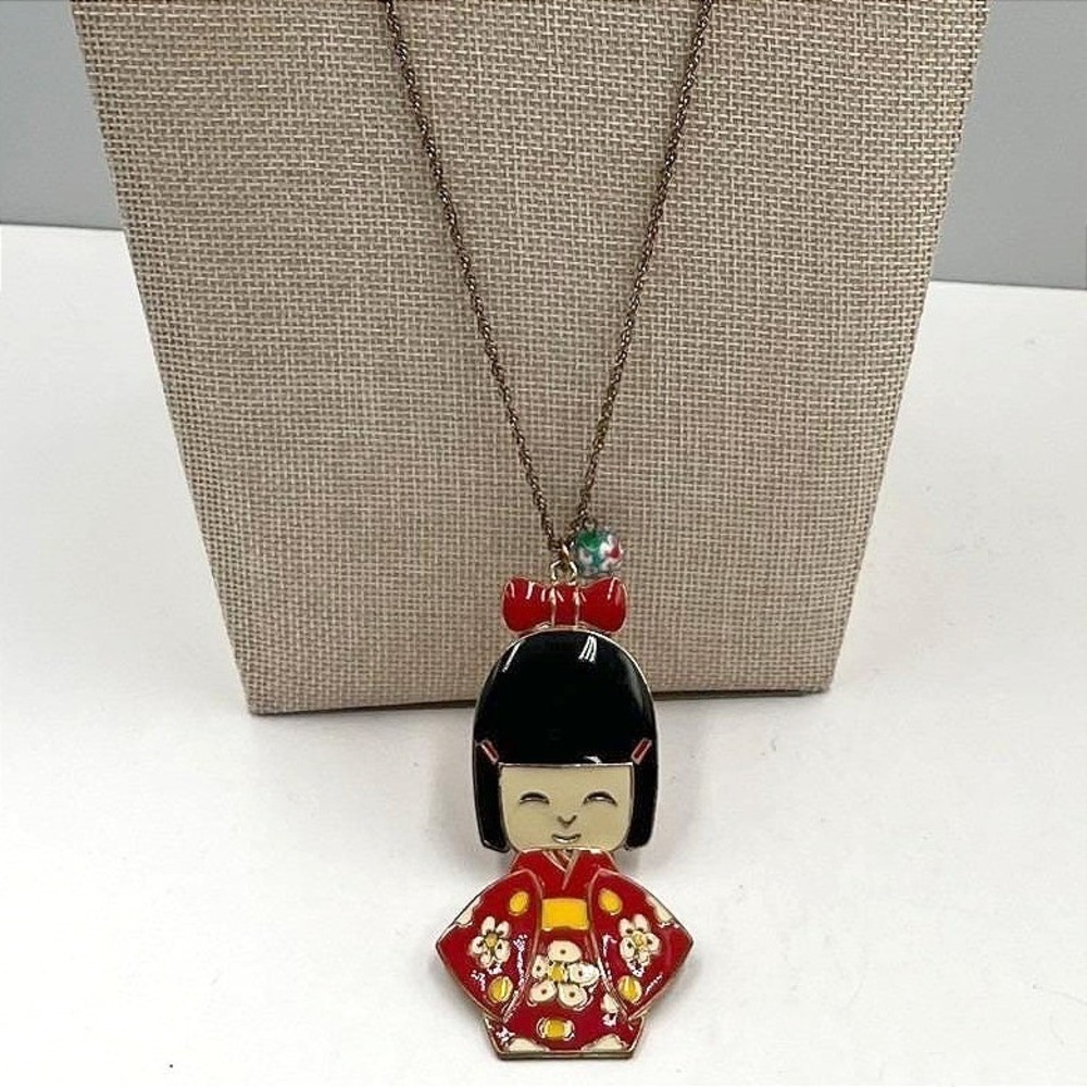 Vintage Kokeshi Doll Pendant Necklace Enamel Articulated Moving Japanese Girl Re